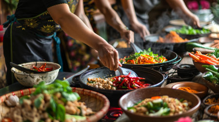 A traditional Thai cooking class with participants preparing dishes at individual stations, with fresh ingredients laid out.の素材
