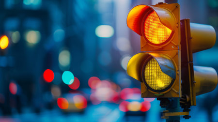 A traffic light showing yellow, with a close-up of the light and a blurred urban background.の素材