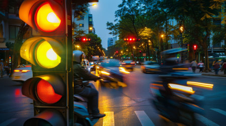 A traffic light showing yellow, with blurred motion of cars and motorbikes as they prepare to stop.の素材