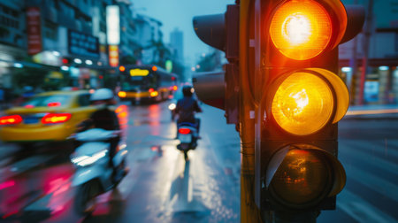 A traffic light showing yellow, with blurred motion of cars and motorbikes as they prepare to stop.の素材