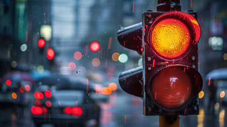 A traffic light on a rainy day, with droplets on the lens and a blurred background of cars and umbrellas.の素材