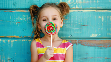 A young girl holding a lollipop and making funny faces, her expression a mix of amusement and delight.の素材
