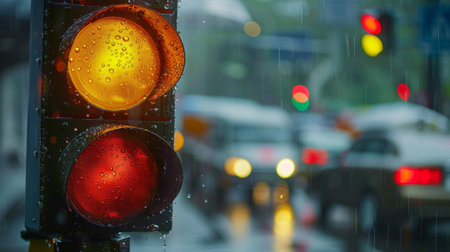 A traffic light on a rainy day, with droplets on the lens and a blurred background of cars and umbrellas.の素材