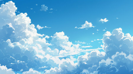 Fluffy white clouds floating lazily across a bright blue sky, creating a serene and peaceful atmosphere.の素材