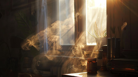 Cigarette smoke wafting through a beam of sunlight in a cozy indoor space, creating a warm and hazy effect.の素材