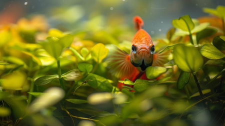 A betta fish peeking out from behind a cluster of floating plants in its aquarium, its curious gaze capturing the viewer's attention.の素材