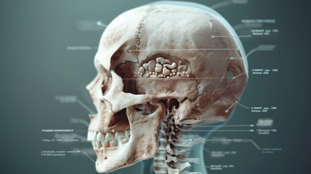 A 3D rendering of the human skull, with labels identifying key bones and structures for educational purposes.の素材
