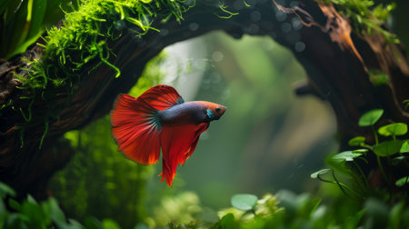 A betta fish exploring a moss-covered cave in its aquarium, its inquisitive nature on full display as it investigates its surroundings.の素材