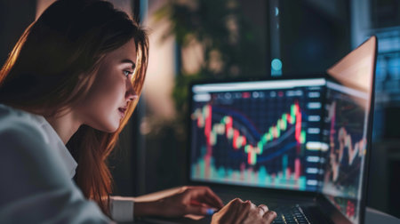 A businesswoman reviewing stock market performance graphs and charts on a laptop computer at her office desk.の素材