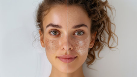 A before-and-after comparison of a woman's skin transformation after using a skincare regimen, highlighting the effectiveness of the products.の素材