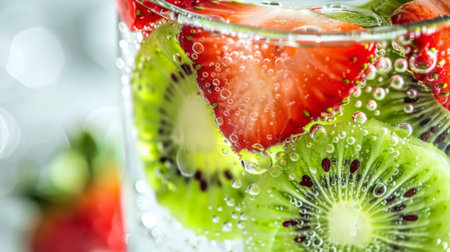 A close-up of a glass of strawberry and kiwi-infused water, with vibrant slices of fruit adding a burst of color to the refreshing beverage.の素材