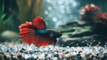 A betta fish hunting for food among the gravel substrate of its aquarium, with its keen senses and swift movements on full display.の素材