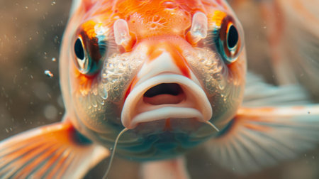 A close-up of a goldfish's face, its expressive eyes and delicate features adding charm and personality to the aquatic scene.の素材