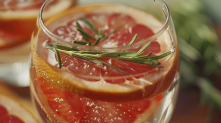 A close-up of a glass of water infused with slices of grapefruit and rosemary, providing a subtle yet refreshing flavor combinationの素材