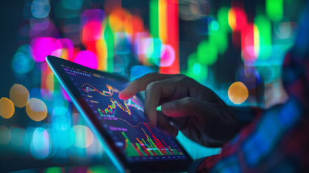 A close-up of a businessman analyzing stock market graphs and charts on a tablet device, making informed investment decisionsの素材