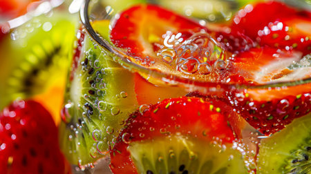 A close-up of a glass of strawberry and kiwi-infused water, with vibrant slices of fruit adding a burst of color to the refreshing beverage.の素材