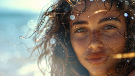 A close-up of a woman with wavy hair, enjoying a refreshing breeze and soaking up the sun's rays with a contented expression.の素材