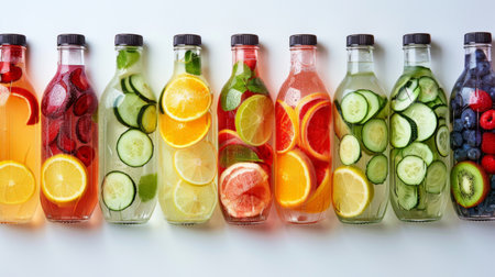 A colorful assortment of fruit-infused water in glass bottles, showcasing a healthy and flavorful hydration option.の素材