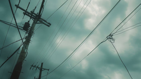 A close-up of power lines crisscrossing against a cloudy sky, illustrating the intricate network of electricity distribution infrastructure.の素材