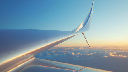 A close-up of a wind turbine blade against a clear blue sky, illustrating the sleek and modern design of renewable energy technology.の素材