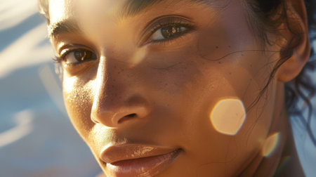 A close-up of a woman's radiant, flawless complexion, glowing with health and vitality, showcasing the beauty of natural skincare.の素材