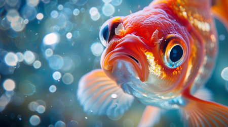 A close-up of a goldfish's face, its expressive eyes and delicate features adding charm and personality to the aquatic scene.の素材
