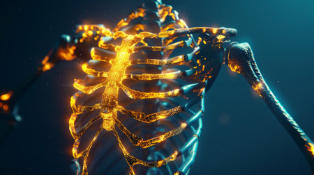 A digital illustration of the human ribcage, highlighting the protective function of ribs and their connection to the spine and sternum.の素材