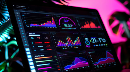 A digital dashboard displaying real-time analytics with interactive graphs and charts, providing insights for decision-making.の素材