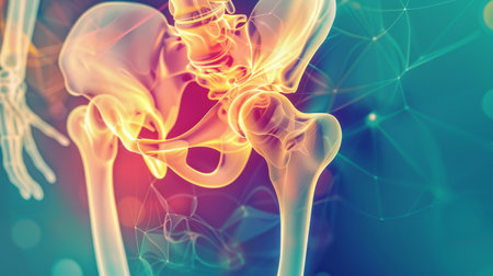 A digital illustration of the human hip joint, showcasing the ball-and-socket structure and range of motion in the hip region.の素材