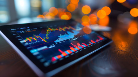 A digital tablet displaying a stock market graph with fluctuating trends, depicting the dynamic nature of financial markets.の素材