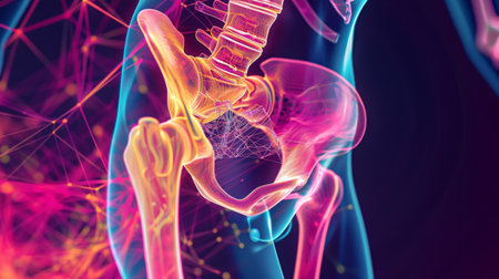 A digital illustration of the human hip joint, showcasing the ball-and-socket structure and range of motion in the hip region.の素材