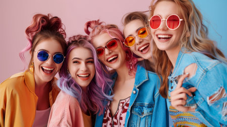A group of cheerful young women with trendy hairstyles and fashionable outfits, posing together for a fun and vibrant photo.の素材