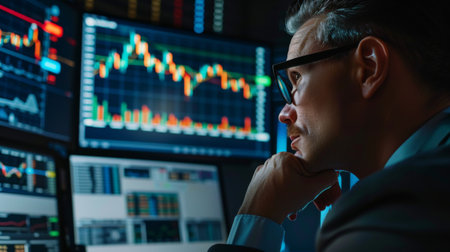 A financial analyst examining stock market graphs and charts in a corporate boardroom, strategizing investment plans for clients.の素材