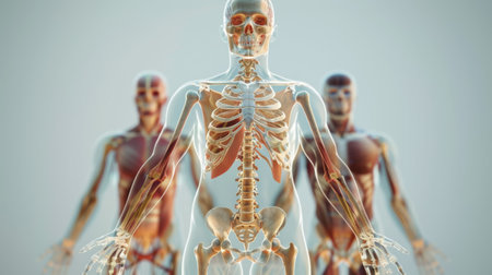 A digital rendering of the human anatomy, with a transparent overlay showing the skeletal system beneath layers of muscles and organs.の素材
