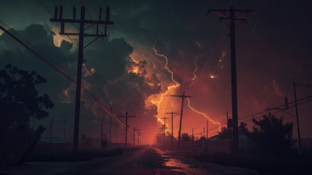 A dramatic lightning storm illuminating the night sky behind rows of power lines and utility poles, showcasing the power and unpredictability of nature.の素材