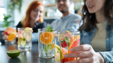 A group of coworkers enjoying glasses of fruit-infused water during a meeting, staying hydrated and refreshed throughout the day.の素材
