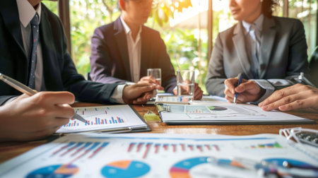A group of business professionals discussing financial graphs and charts in a meeting, brainstorming strategies for growthの素材