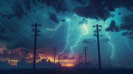 A dramatic lightning storm illuminating the night sky behind rows of power lines and utility poles, showcasing the power and unpredictability of nature.の素材