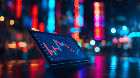 A digital tablet displaying candlestick charts and technical indicators, used by traders for analyzing stock market trends.の素材