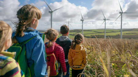 A group of school children on a field trip to a wind farm, learning about renewable energy and its importance for a sustainable future.の素材