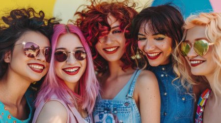 A group of cheerful young women with trendy hairstyles and fashionable outfits, posing together for a fun and vibrant photo.の素材