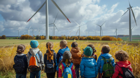A group of school children on a field trip to a wind farm, learning about renewable energy and its importance for a sustainable future.の素材