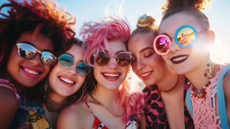 A group of cheerful young women with trendy hairstyles and fashionable outfits, posing together for a fun and vibrant photo.の素材