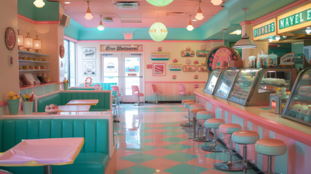 A retro-style ice cream parlor with pastel-colored decor and a display case filled with tempting frozen treats.の素材