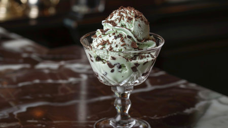 A scoop of refreshing mint chocolate chip ice cream served in a fancy glass dessert dish, garnished with chocolate shavings.の素材