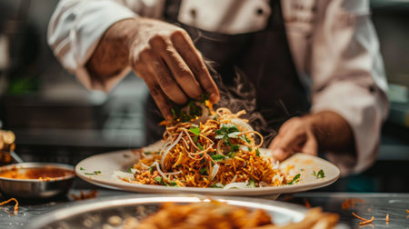 A shot of a chef adding the finishing touches to a plate of biryani, garnished with fried onions and fresh herbs.の素材
