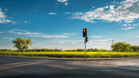 A traffic light at a quiet rural intersection, with a clear blue sky and lush green fields in the background.の素材