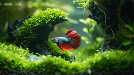 A betta fish exploring a moss-covered cave in its aquarium, its inquisitive nature on full display as it investigates its surroundings.の素材