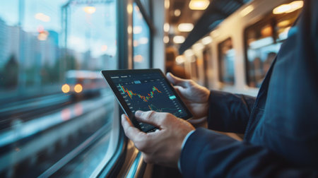 A businessman reviewing stock market performance graphs and charts on a tablet device during a business trip.の素材