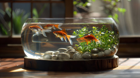 A decorative tabletop goldfish tank adding a touch of elegance to a modern living space, with sleek design and vibrant aquatic life.の素材